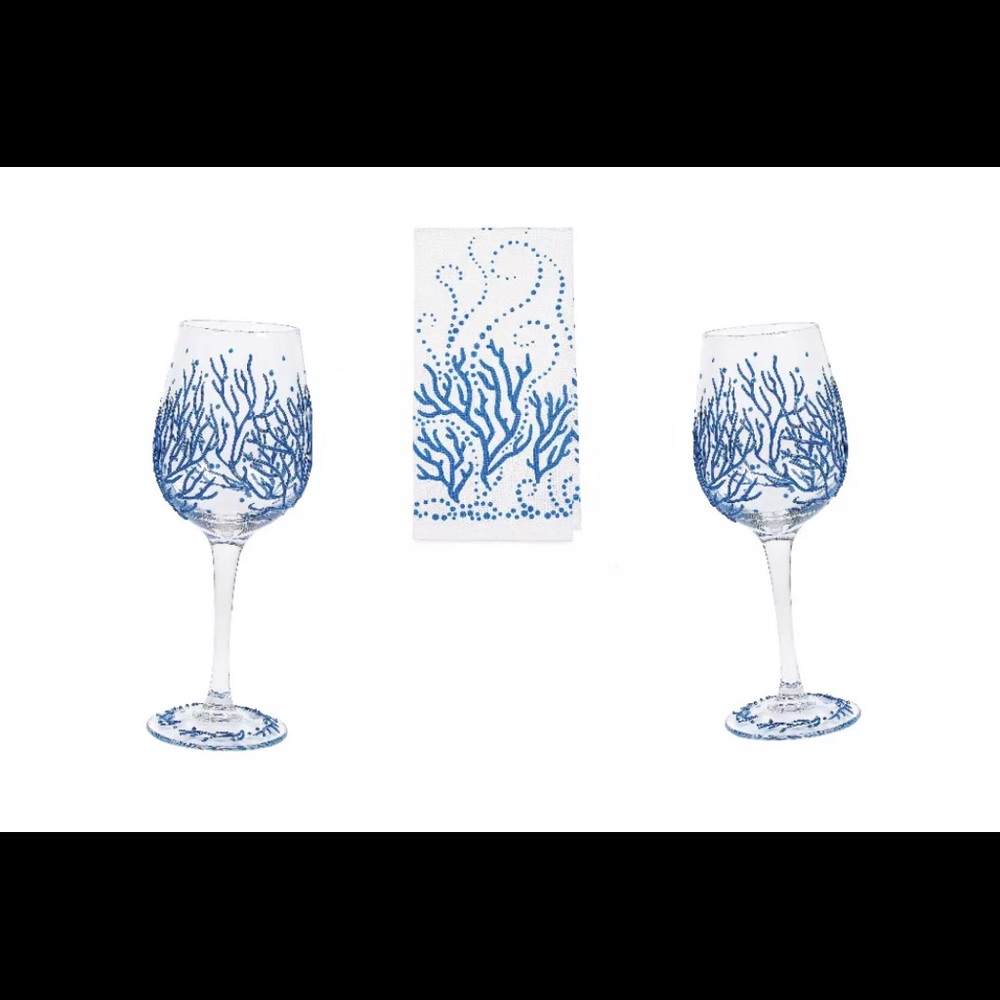 Blue Coral Stem Tea Towel w/ (2)Matching Glass Set